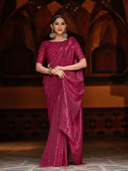Odette - Burgundy Women Sequins Saree with Unstitched Blouse