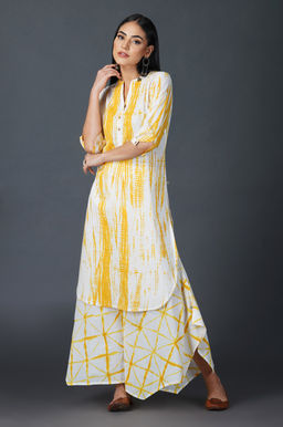 Fabnest - Yellow Shibori Print Straight Kurta with Asymmetrical Pants (Set of 2)