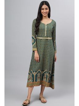Aurelia - Green Floral Print Winter Dress with Sequins Detailing