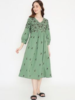 Saffron Threads - Green Boho Embroidered Cotton Midi Dress