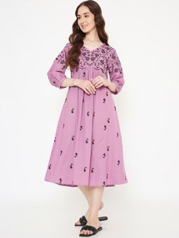 Saffron Threads - Mauve Boho Embroidered Cotton Midi Dress