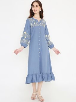 Saffron Threads - Blue Boho Midi Dress with Embroidered Details