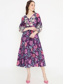 Saffron Threads - Purple Floral Print Cotton Dress with Neck Embroidery