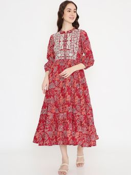 Saffron Threads - Maroon Cotton Tiered Midi Dress
