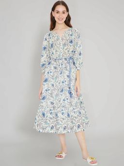 Saffron Threads - White Tropical Print Boho Midi Dress