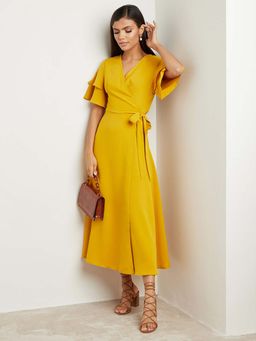 Styli - Mustard Double Frill Sleeves Wrap Around Midi Dress