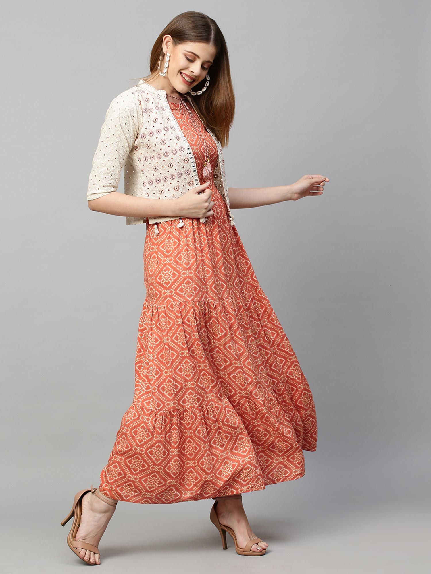 Buy FASHOR Bandhani Printed Tiered Maxi 