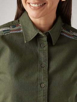 Levi's - Women'S Embroidered Olive Spread Collar Shirts