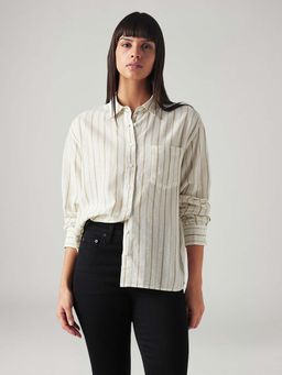 Levi's - Off White Women's Striped Relaxed Fit Linen Shirt