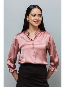 PURYS - Pink Spread Collar Elasticated Sleeves Satin Shirt