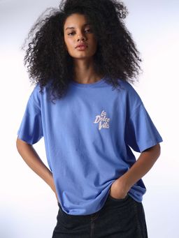 ONLY - Women'S Typography Oversized Blue T-Shirt