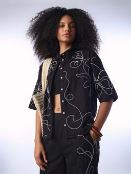 ONLY - Women'S Abstract Print Oversized Black Shirt