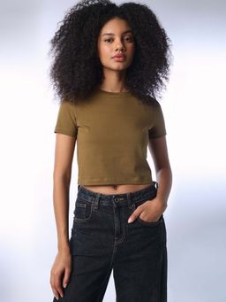ONLY - Women'S Solid Regular Fit Olive T-Shirt