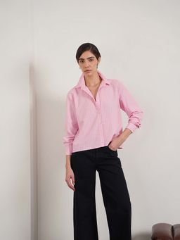 Fable Street - Pink Cotton Blend Boxy Striped Full Sleeve Shirt