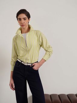 Fable Street - Green Cotton Blend Boxy Striped Full Sleeve Shirt