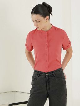 FABLE STREET - Pink Viscose Rayon Slim Fit Short Sleeve Mandarin Collar Shirt