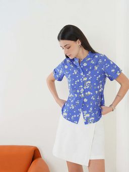 FABLE STREET - Blue Viscose Rayon Slim Fit Floral Short Sleeve Mandarin Collar Shirt