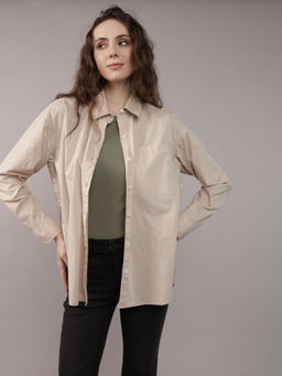 American Eagle - Women Beige Perfect Button-Up Shirt