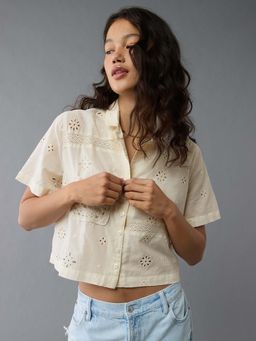 American Eagle - Women Cream Cabana Button-Up Shirt