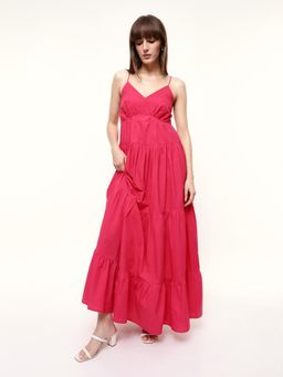 Dennis Lingo - Woman Solid Pink Cotton Tiered Dress