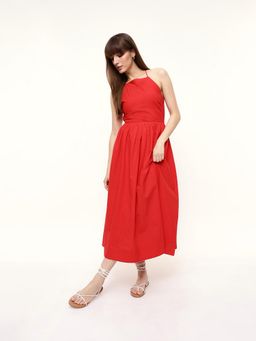 Dennis Lingo - Woman Solid Red Back Tie-Up Midi Dress