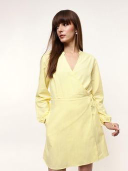 Dennis Lingo - Woman Solid Cotton Full Sleeves Tie-Up Dress