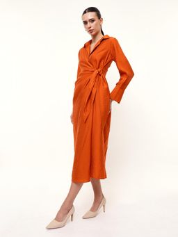 Dennis Lingo - Woman Solid Shirt Collar Cuffed Sleeve Wrap Dress