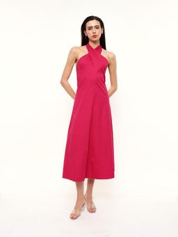 Dennis Lingo - Woman Solid Pink Halter Neck Midi Dress