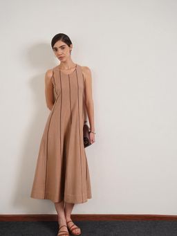 FABLE STREET - Pure Cotton Fit And Flare Sleeveless Pintuck Round Neck Dress