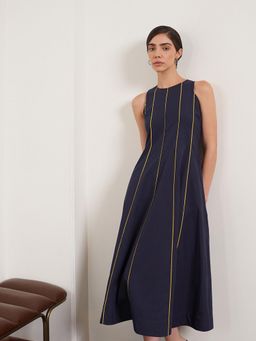 FABLE STREET - Pure Cotton Fit And Flare Round Neck Contrast Piping Dress