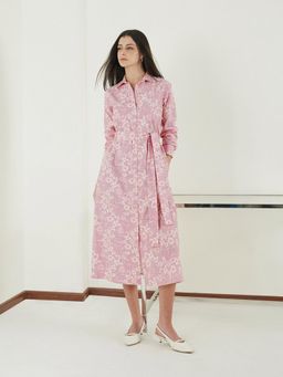Fable Street - Pure Cotton Floral A-Line Bishop Sleeve Shirt Collar Dress with Belt
