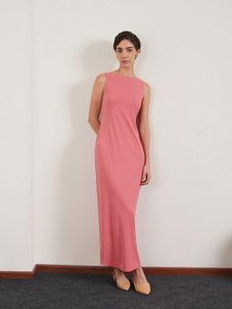 FABLE STREET - Ribbed Polyester Bodycon Boat Neck With Back Slit Dress