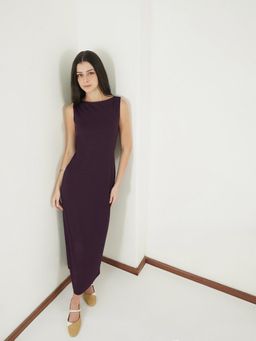 FABLE STREET - Ribbed Polyester Bodycon Boat Neck With Back Slit Dress