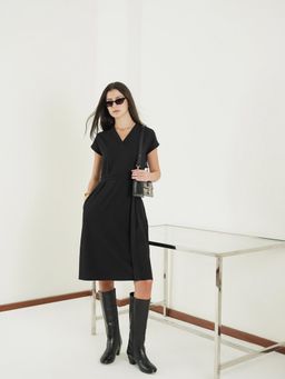 FABLE STREET - Pure Cotton Solid A-Line Cap Sleeve V-Neck Knee Dress with Belt