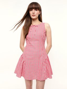 Dennis Lingo - Woman Drop Waist Gingham Checks Mini Dress with Front Tie-Up