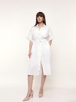 Dennis Lingo - Woman Solid Regular Fit Cotton Half Sleeves Shirt Dress with Belt