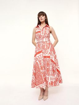 Dennis Lingo - Woman Patterned Printed Fit and Flare Shirt Midi Dress with Belt Tie