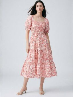 Outzidr - Pink Short Sleeve Square Neck Dress