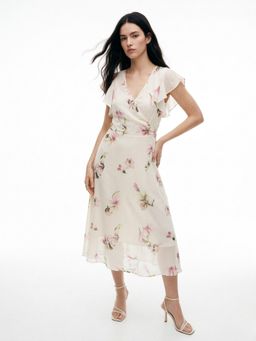 Outzidr - White Flutter Sleeved Printed Midi Dress