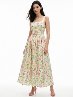 Outzidr - White Scoop Neck Strappy Printed Dress