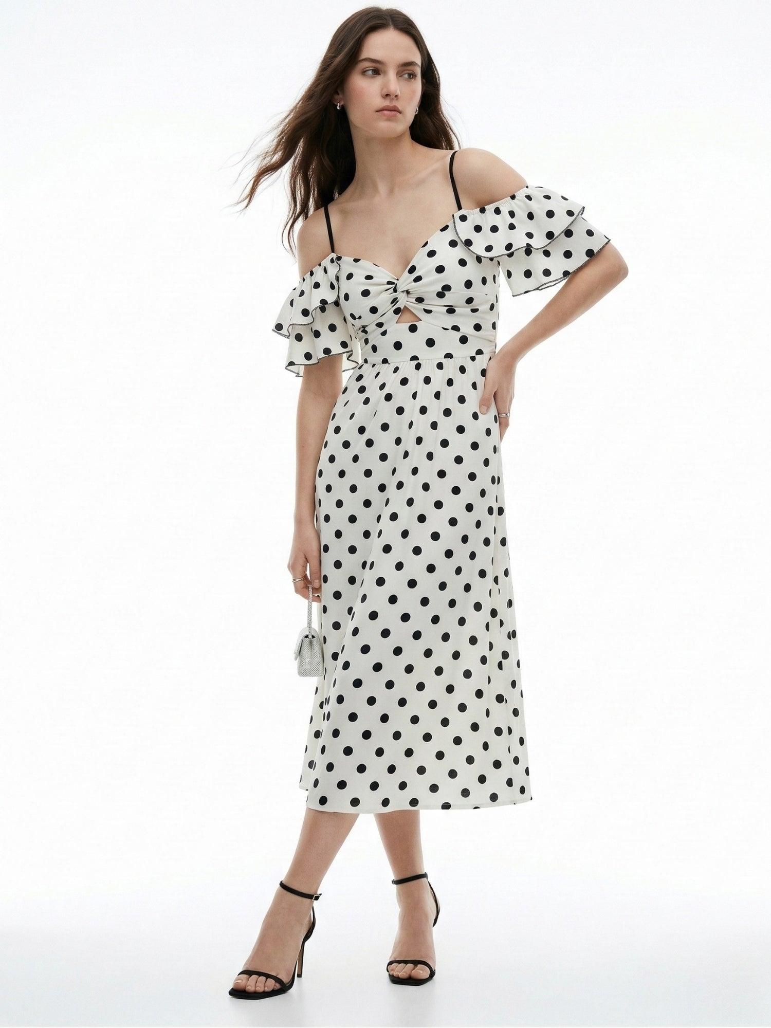 outzidr White Cold Shoulder Polka Dotted Midi Dress-picture-30