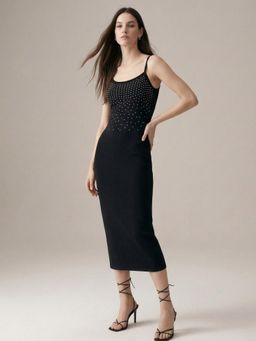 Outzidr - Black Fitted Bodycon Embellished Dress