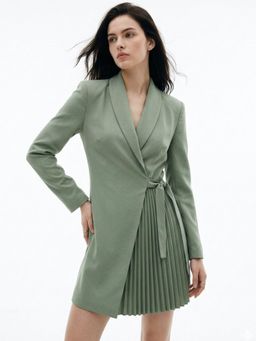 Outzidr - Mint Wrap Blazer Pleated Dress