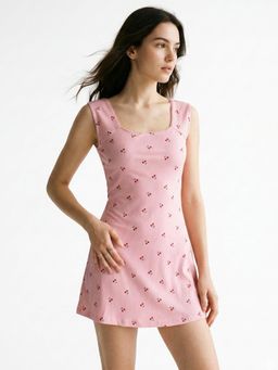 Outzidr - Pink Scoop Neck Cinched Waist Printed Dress