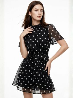Outzidr - Black Polka Dotted High Neck Sheer Dress