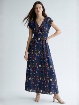 Outzidr - Blue Short Sleeve V Neck Floral Dress