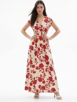 Outzidr - Cream Short Sleeve V Neck Floral Dress