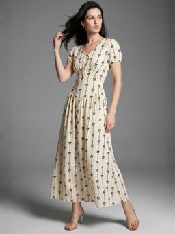 Outzidr - Cream Short Sleeve V Neck Corset Dress