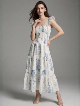 Outzidr - Off White Ruffle Sleeve Tiered Floral Printed Dress