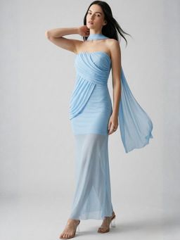 Outzidr - Blue Off Shoulder Neck Dress with Scarf